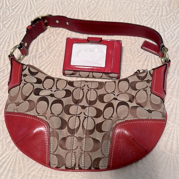 Coach Signature 2pc Set Tan and Red Wallet and Shoulder Bag - Picture 4 of 14